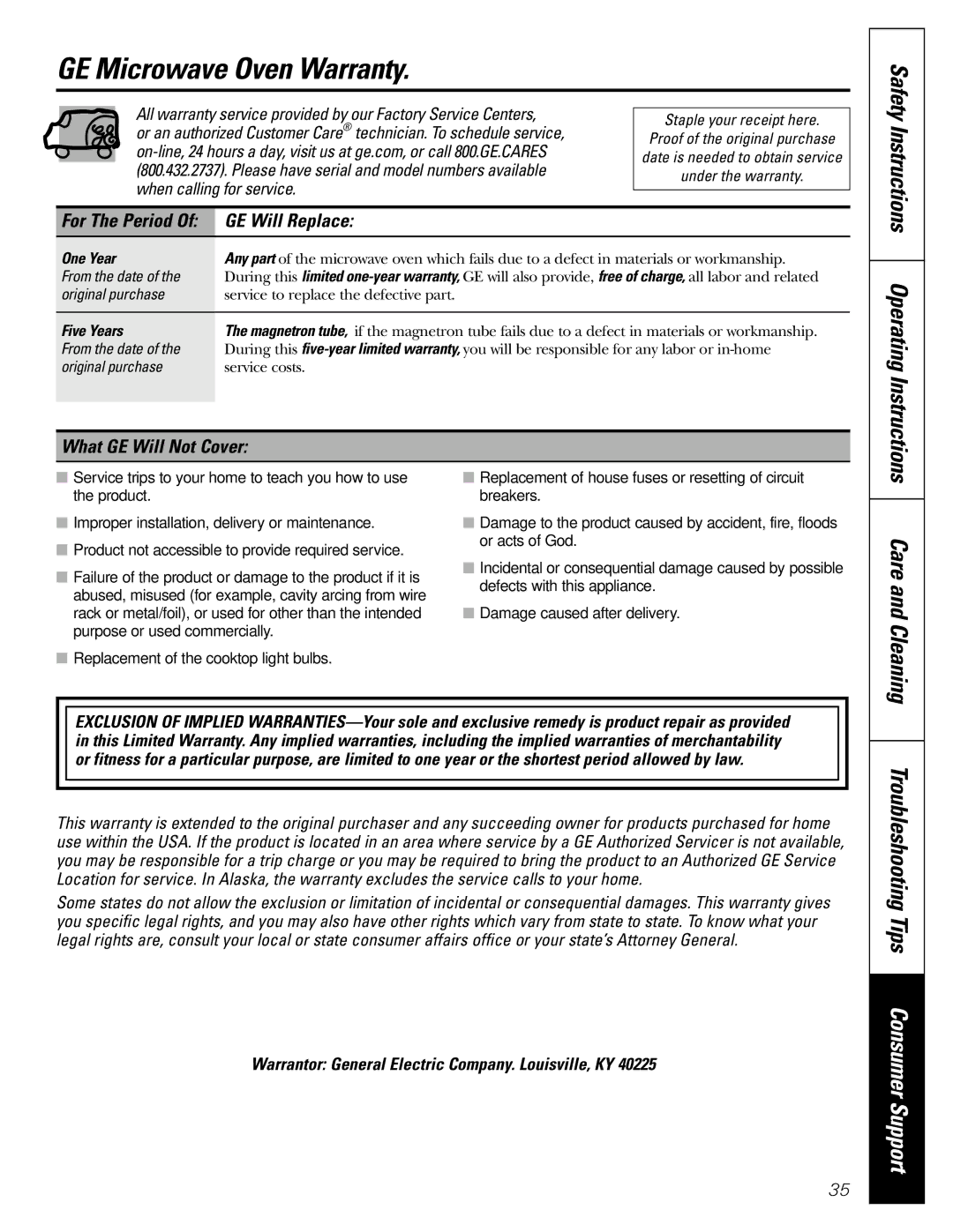 Genie JVM1790 owner manual GE Microwave Oven Warranty, Troubleshooting Tips Consumer Support, Care and Cleaning 