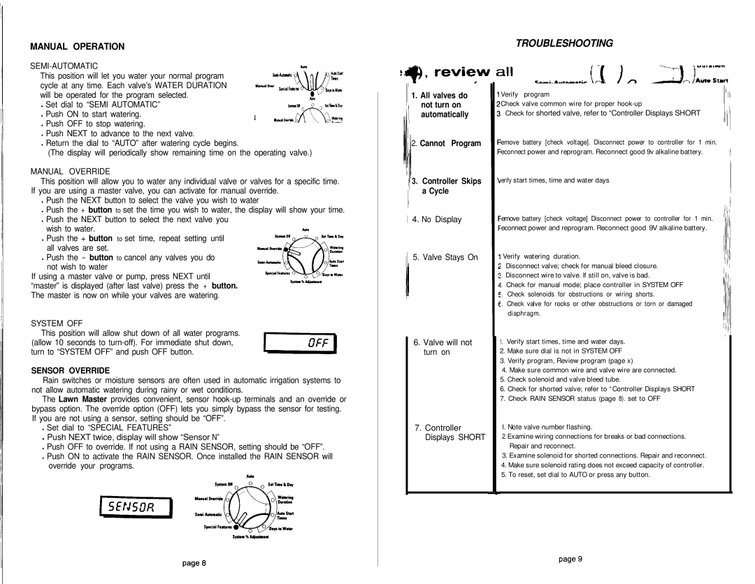 Genie LM-9, LM-6, LM-12 manual Troubleshooting, Semi-Automatic, Manual Override, System OFF 