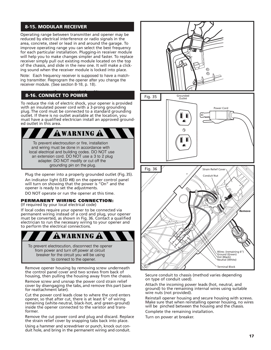 Genie M-4700, M-4500 owner manual Modular Receiver, Connect to Power, Permanent Wiring Connection 