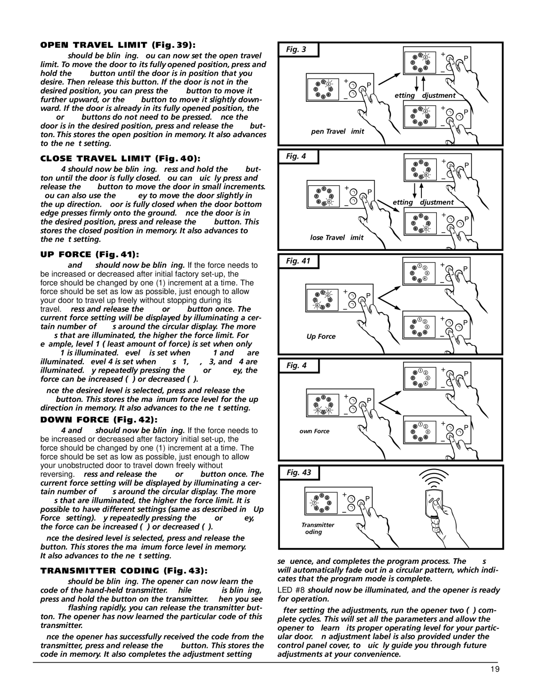 Genie M-4700, M-4500 Open Travel Limit Fig, Close Travel Limit Fig, UP Force Fig, Down Force Fig, Transmitter Coding Fig 