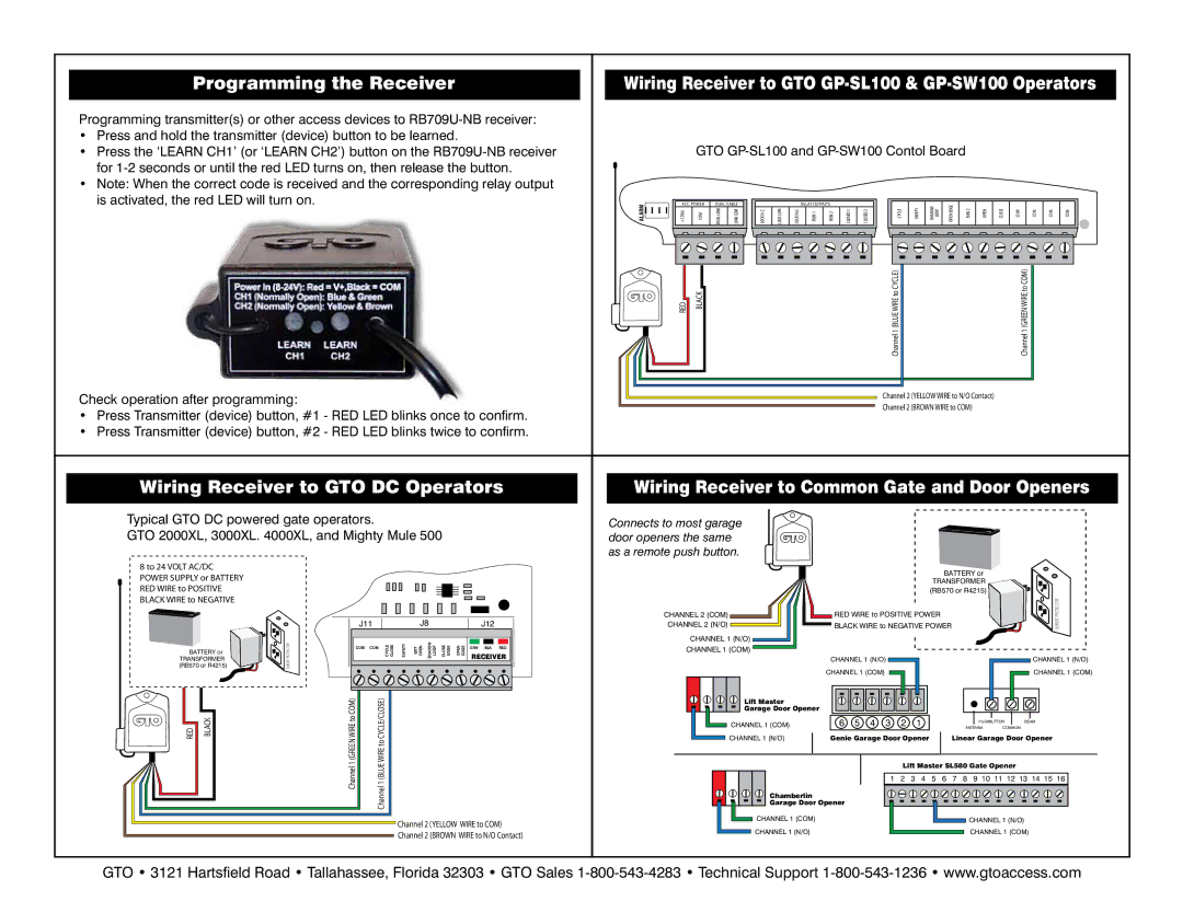 Genie RB709U-NB Programming the Receiver, Wiring Receiver to GTO DC Operators, GTO GP-SL100 and GP-SW100 Contol Board 