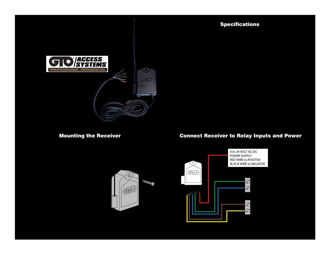 Genie RB709U-NB specifications Specifications, Mounting the Receiver, Connect Receiver to Relay Inputs and Power 