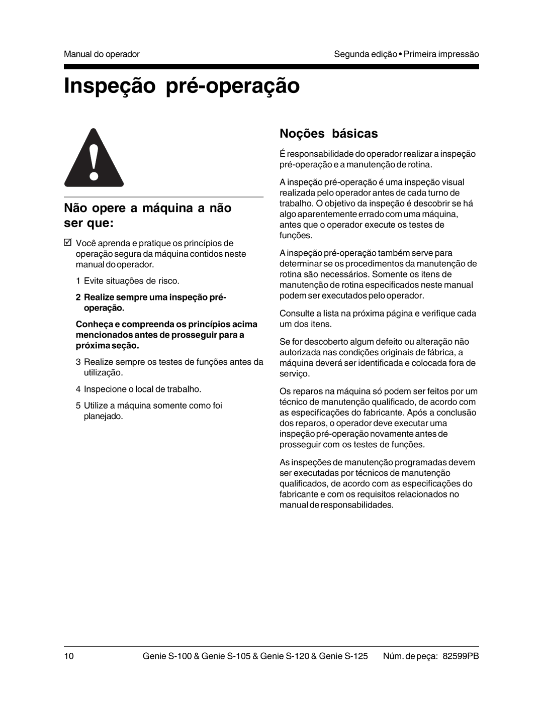 Genie S-125, S-105, S-100, S-120 manual Inspeção pré-operação, Noções básicas 