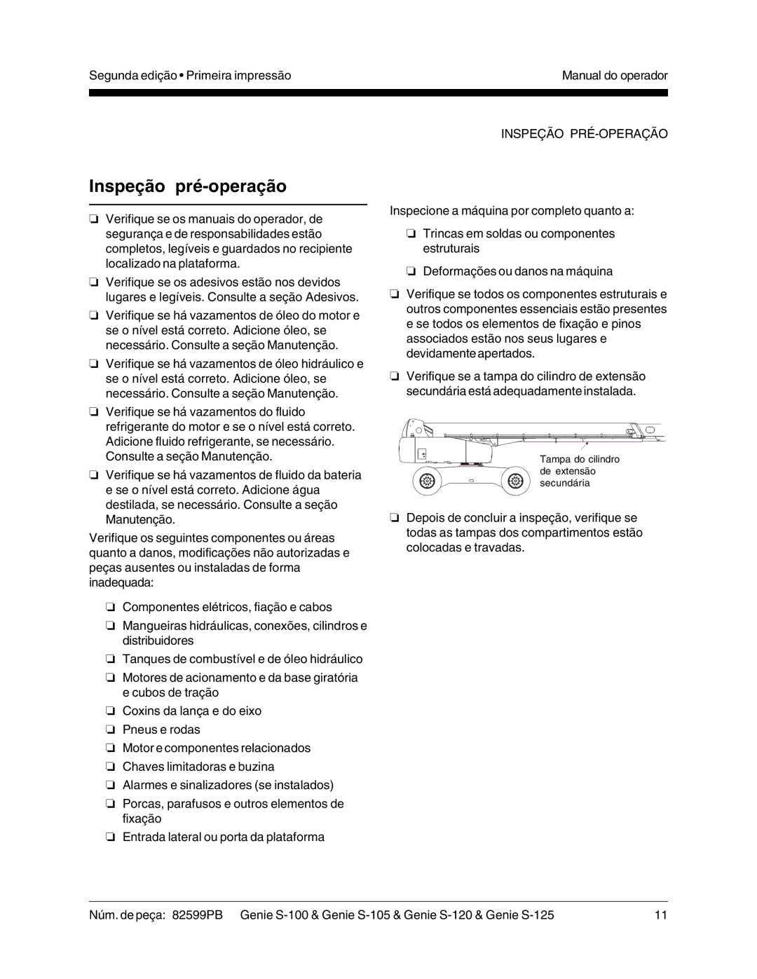 Genie S-105, S-125, S-100, S-120 manual Inspeção pré-operação, Inspeção PRÉ-OPERAÇÃO 