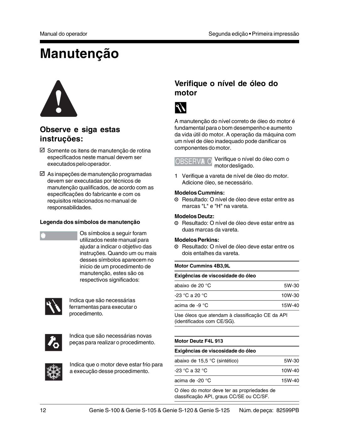 Genie S-100, S-125, S-105, S-120 manual Manutenção, Modelos Cummins, Modelos Deutz, Modelos Perkins 