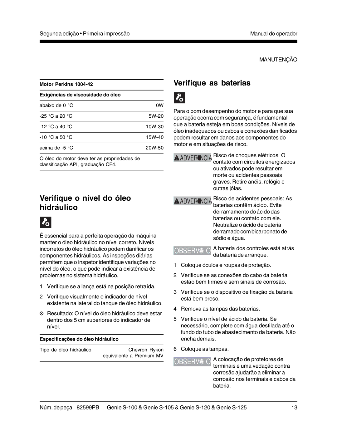 Genie S-120, S-125, S-105, S-100 manual Verifique as baterias, Verifique o nível do óleo hidráulico 