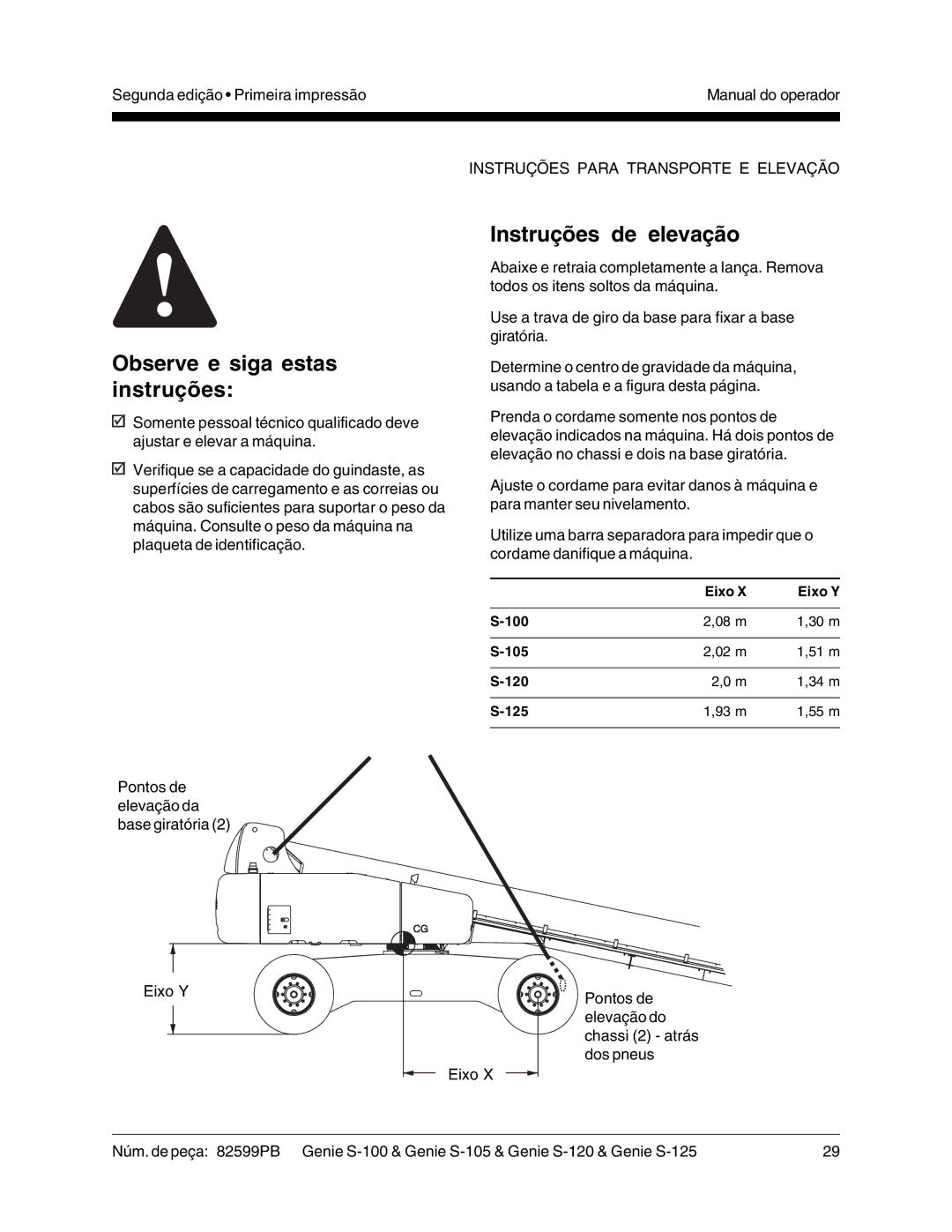 Genie S-120, S-125, S-105, S-100 manual Observe e siga estas instruções, Instruções de elevação 