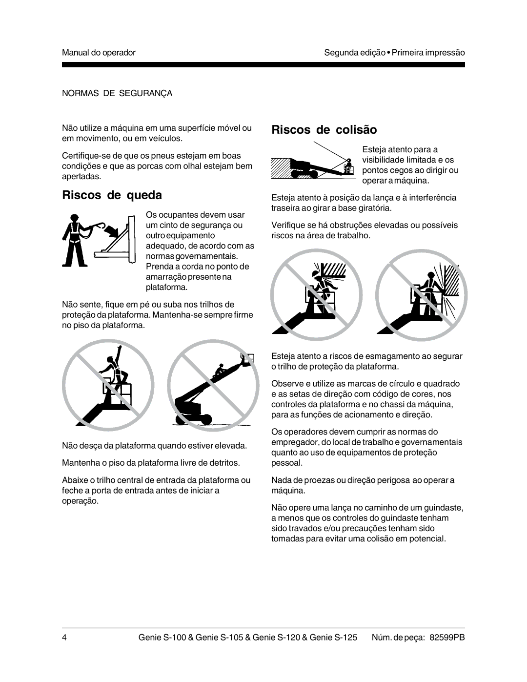 Genie S-100, S-125, S-105, S-120 manual Riscos de queda, Riscos de colisão 