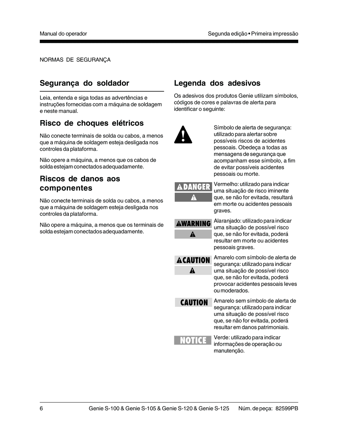 Genie S-125, S-105, S-100, S-120 manual Segurança do soldador, Risco de choques elétricos 