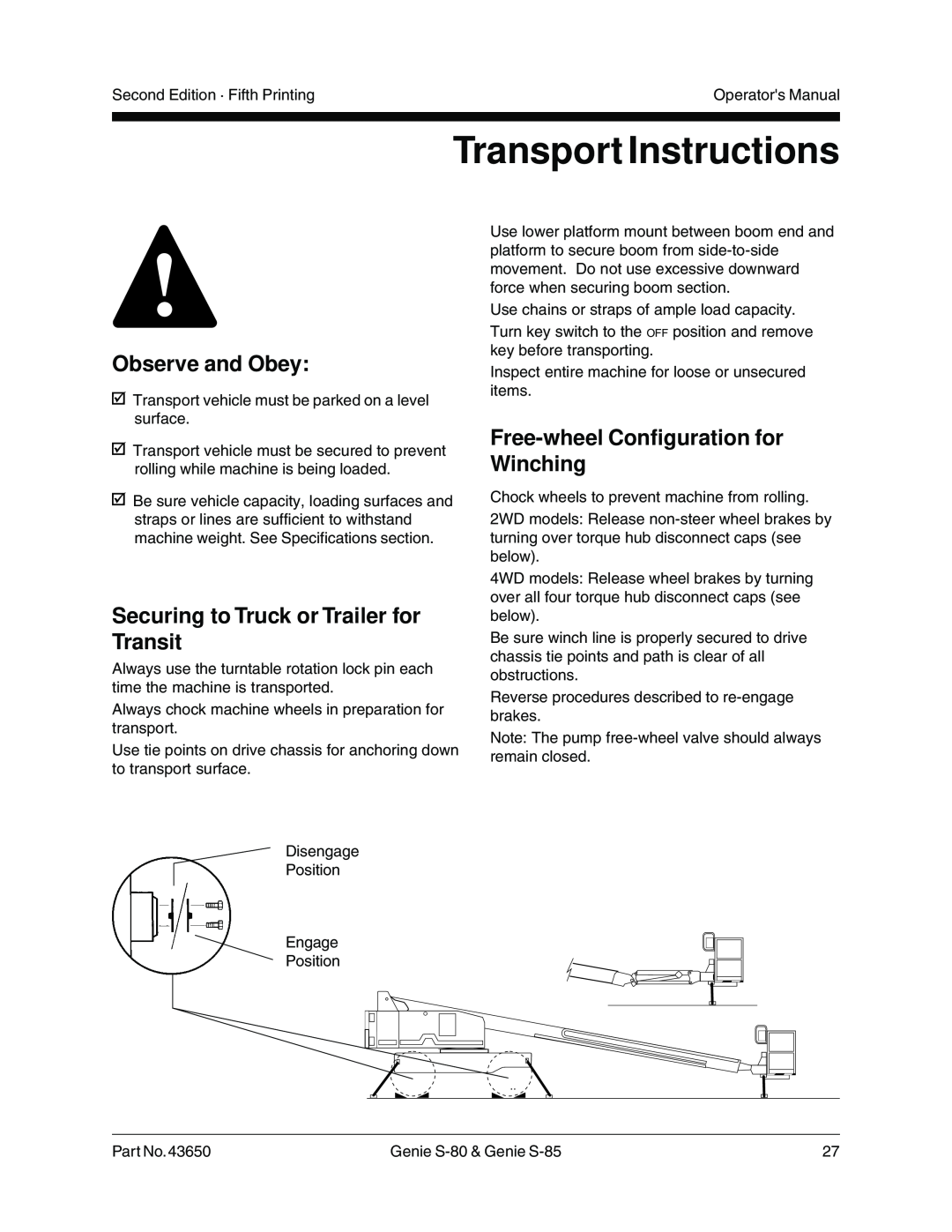 Genie 43650, S-80 Transport Instructions, Securing to Truck or Trailer for Transit, Free-wheelConfiguration for Winching 