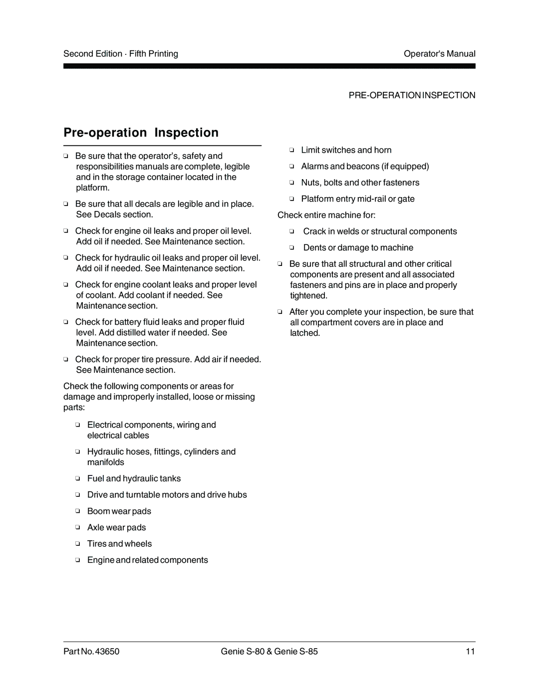 Genie S-85, S-80, 43650 manual Pre-operation Inspection, PRE-OPERATION Inspection 