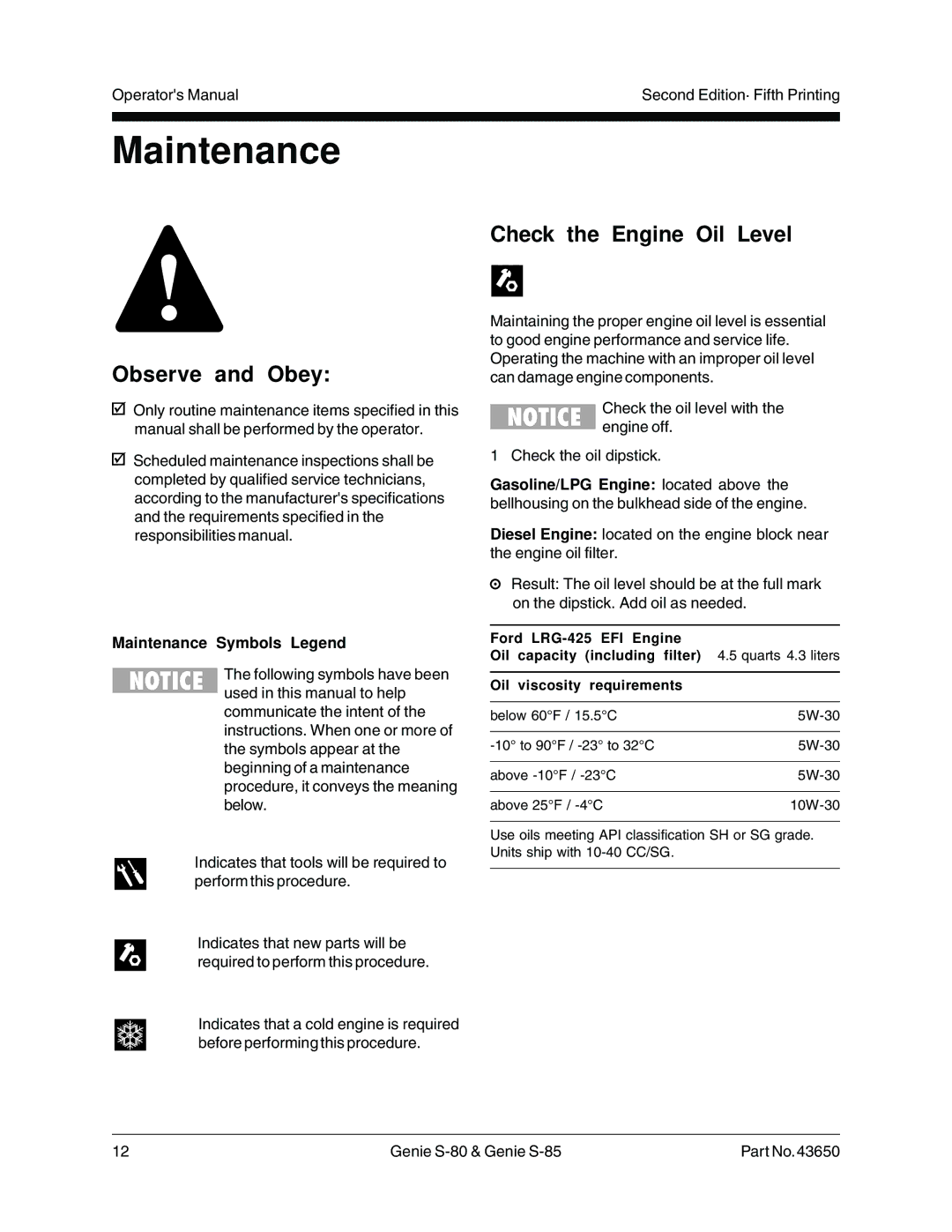 Genie 43650, S-80, S-85 manual Observe and Obey, Check the Engine Oil Level, Maintenance Symbols Legend 