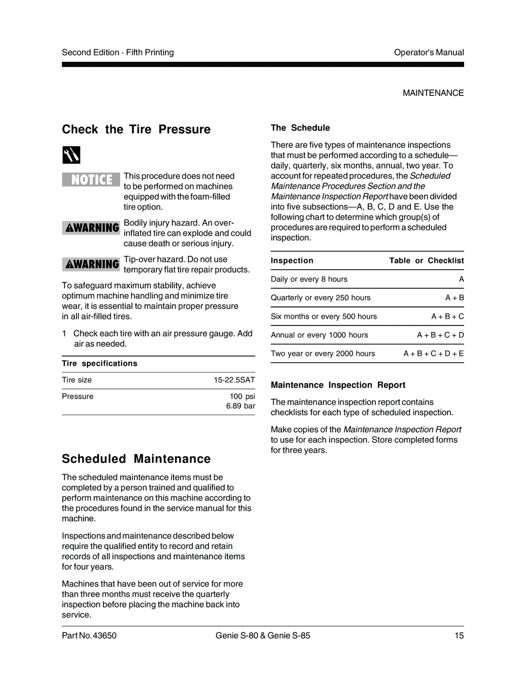 Genie 43650, S-80, S-85 manual Check the Tire Pressure, Scheduled Maintenance, Maintenance Inspection Report 