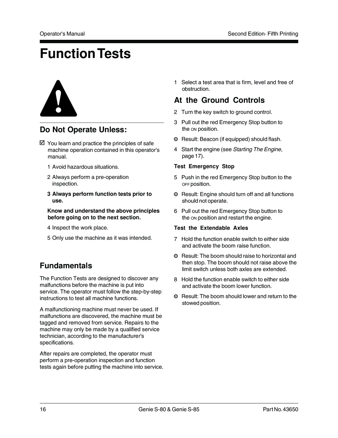 Genie S-80, S-85, 43650 manual Function Tests, At the Ground Controls, Test Emergency Stop, Test the Extendable Axles 