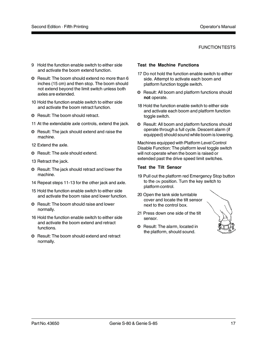 Genie S-85, S-80, 43650 manual Test the Machine Functions, Test the Tilt Sensor 