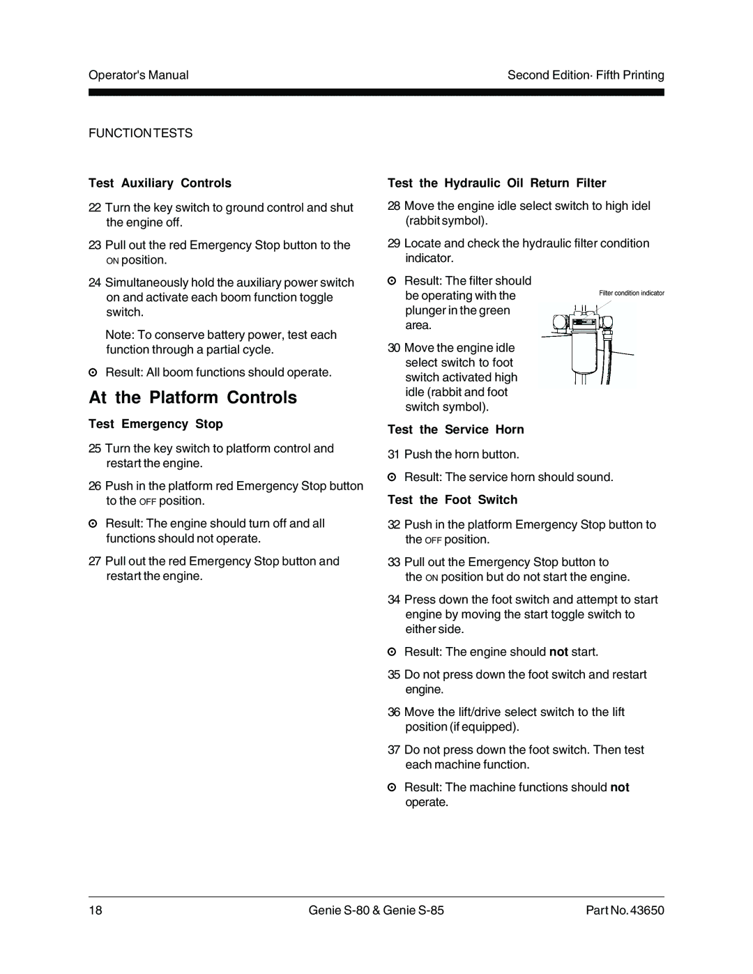 Genie 43650 At the Platform Controls, Test Auxiliary Controls, Test the Hydraulic Oil Return Filter, Test the Service Horn 