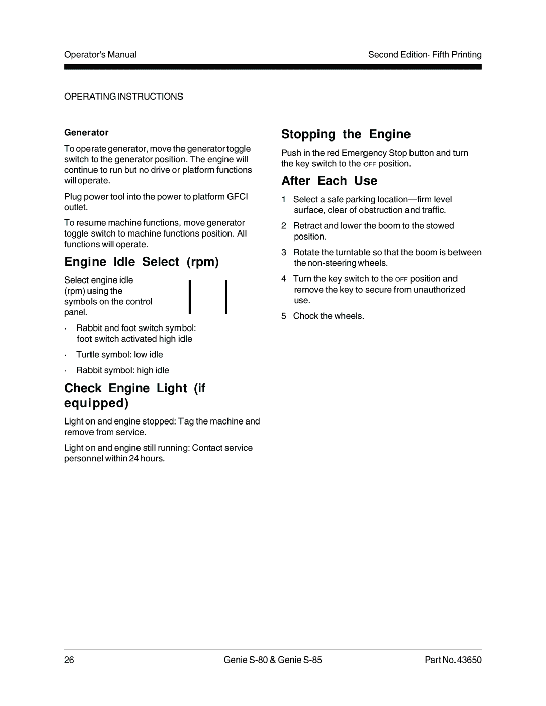 Genie S-85, S-80 Engine Idle Select rpm, Check Engine Light if equipped, Stopping the Engine, After Each Use, Generator 