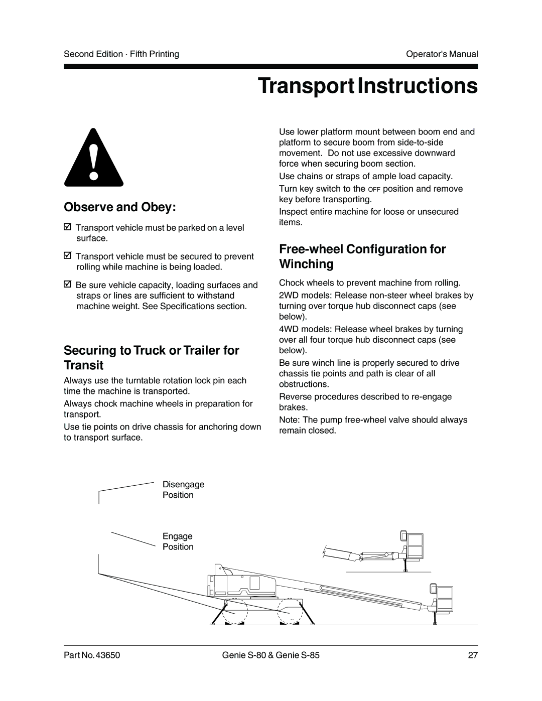 Genie 43650, S-80 Transport Instructions, Securing to Truck or Trailer for Transit, Free-wheel Configuration for Winching 