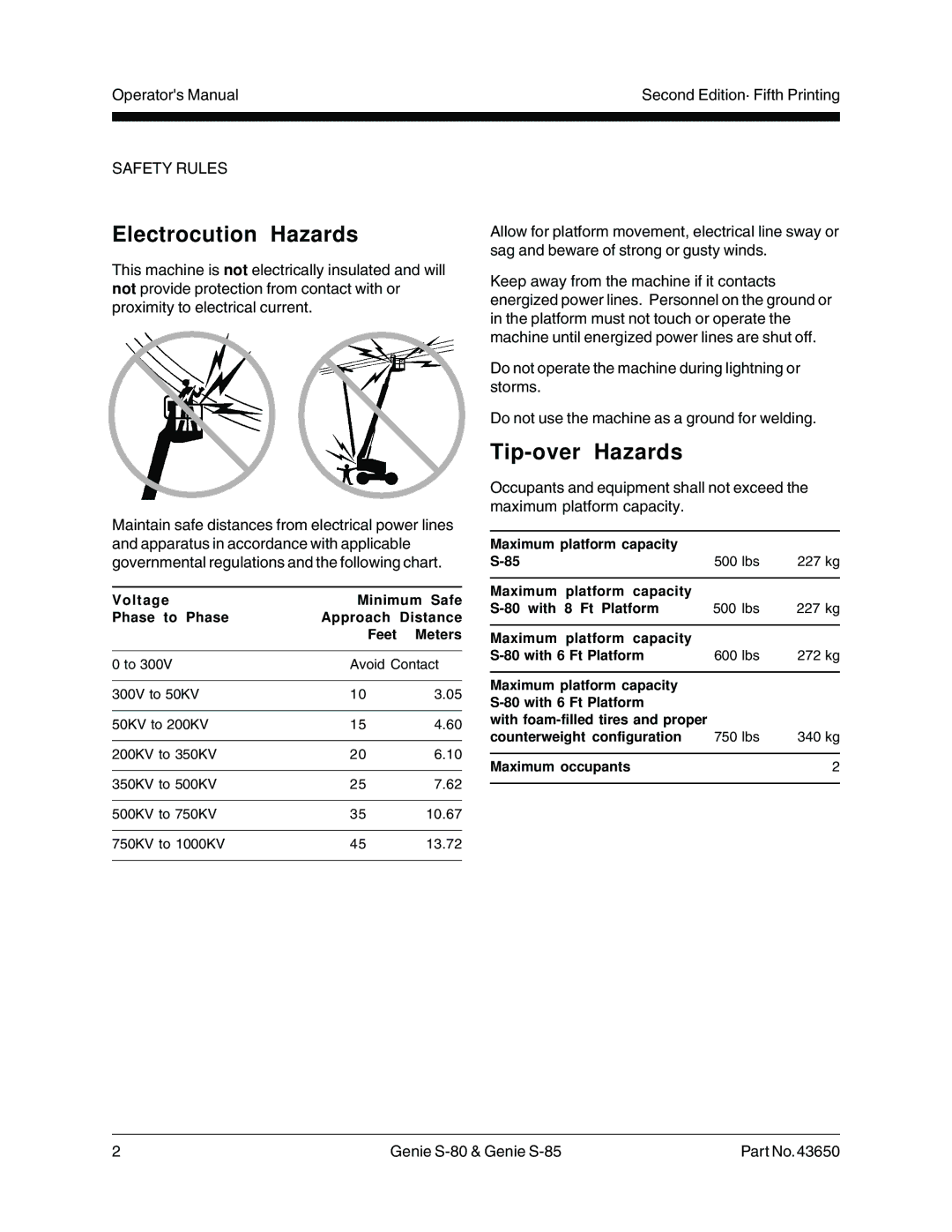 Genie S-85, S-80, 43650 manual Electrocution Hazards, Tip-over Hazards 