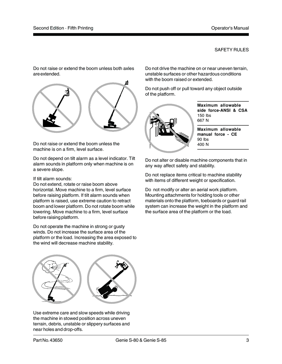 Genie 43650, S-80, S-85 Maximum allowable side force-ANSI & CSA, Maximum allowable manual force CE 