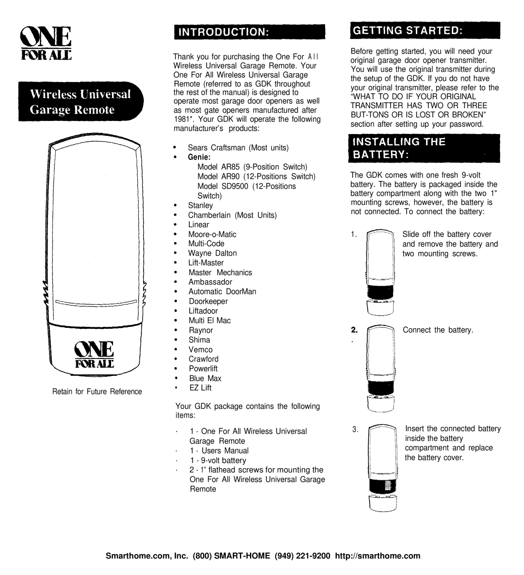 Genie AR90, SD9500, AR85 user manual Genie, One For All Wireless Universal Garage Remote 