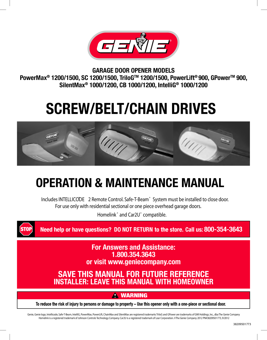 Genie TRILOG 1200/1500, GPOWER 900 manual Garage Door Opener Models, SilentMax 1000/1200, CB 1000/1200, IntelliG 1000/1200 