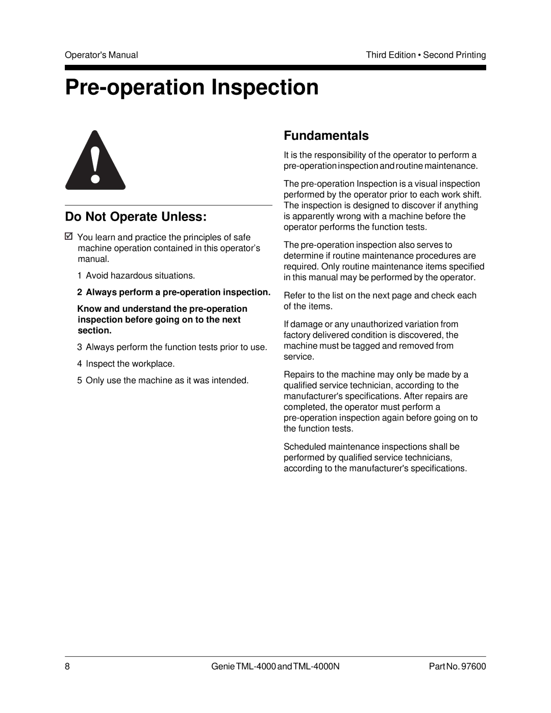 Genie TML-4000N manual Pre-operation Inspection, Fundamentals 