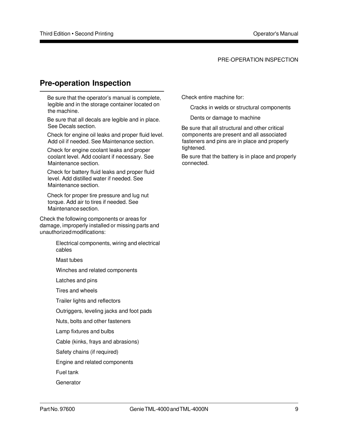 Genie TML-4000N manual Pre-operation Inspection, PRE-OPERATION Inspection 