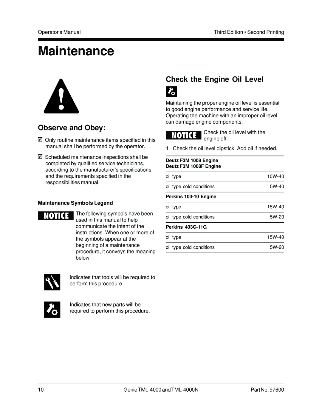 Genie TML-4000N manual Maintenance, Observe and Obey, Check the Engine Oil Level 