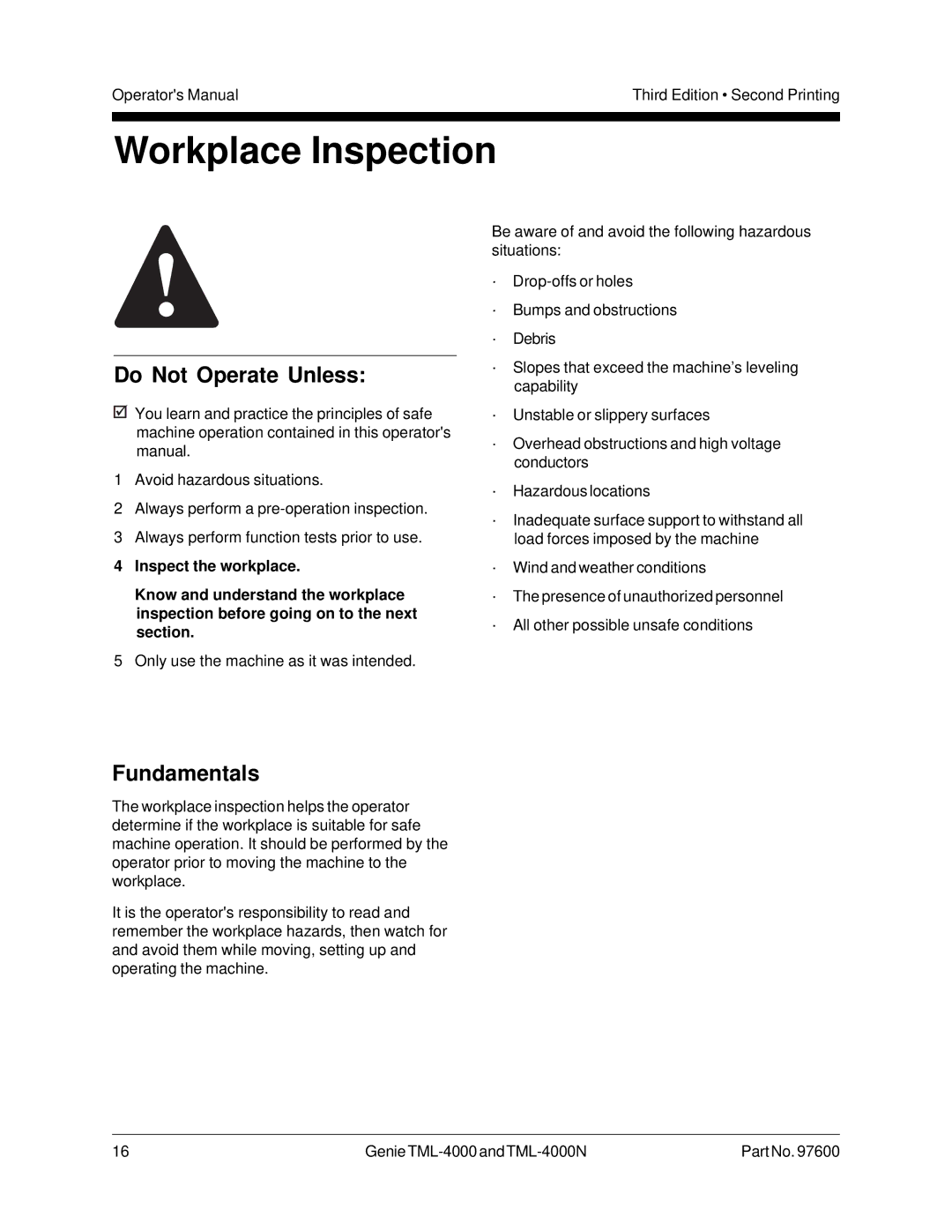 Genie TML-4000N manual Workplace Inspection, Do Not Operate Unless 