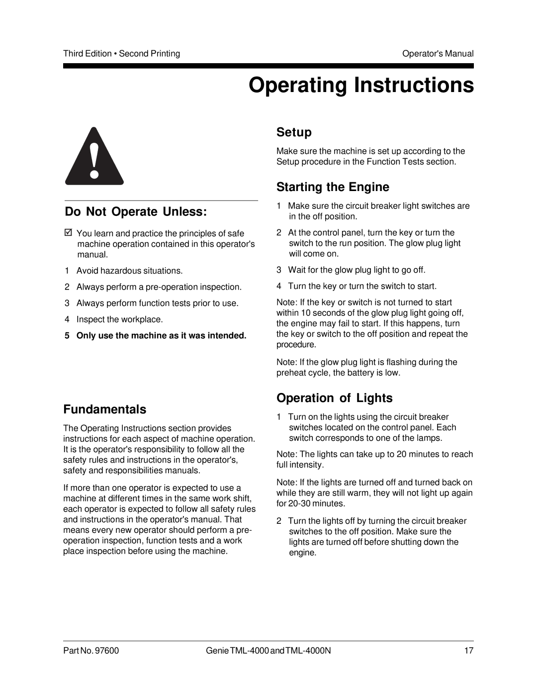 Genie TML-4000N manual Operating Instructions, Starting the Engine, Operation of Lights 