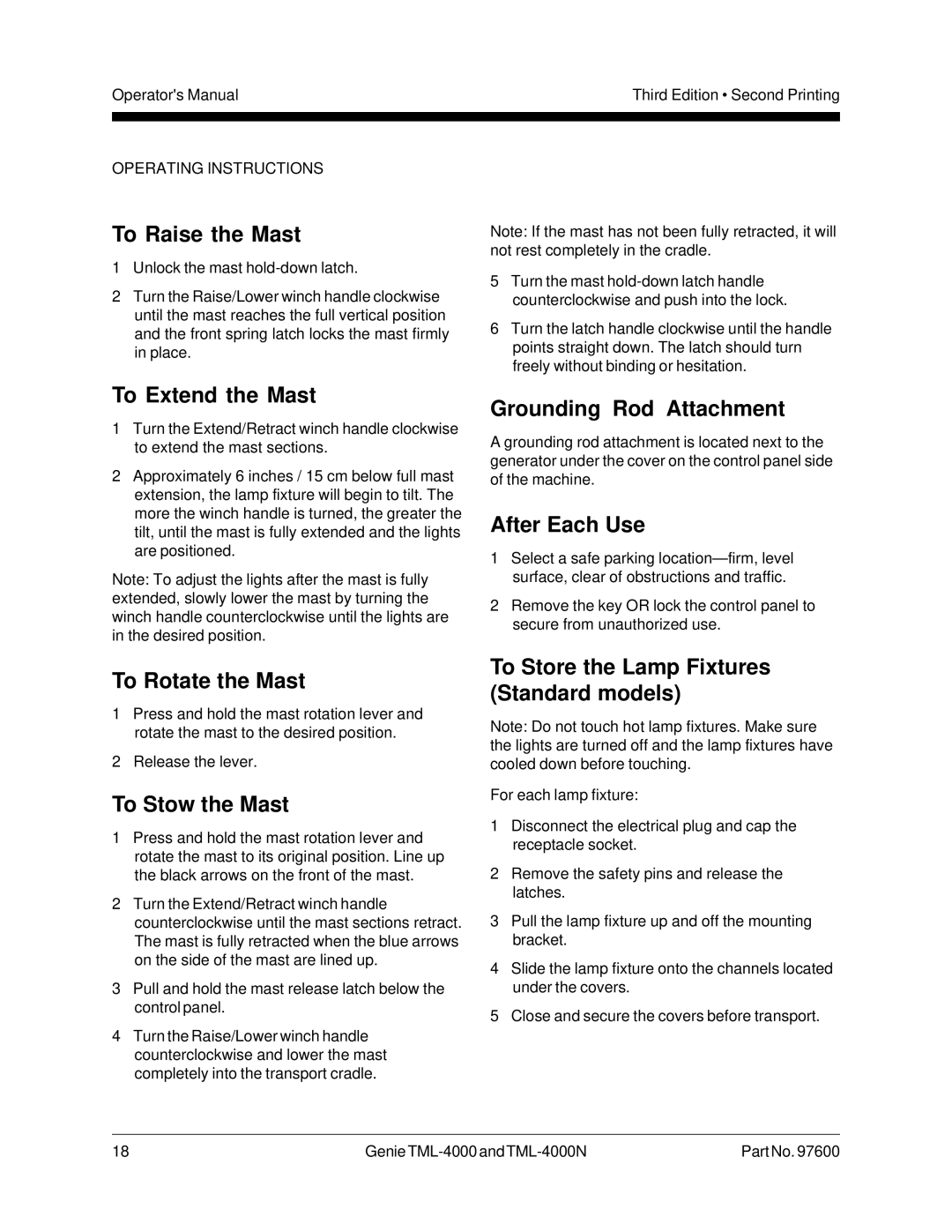 Genie TML-4000 manual To Raise the Mast, To Extend the Mast, To Rotate the Mast, To Stow the Mast, Grounding Rod Attachment 