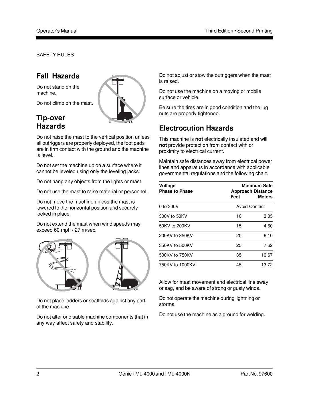 Genie TML-4000N manual Fall Hazards, Tip-over Hazards, Electrocution Hazards 