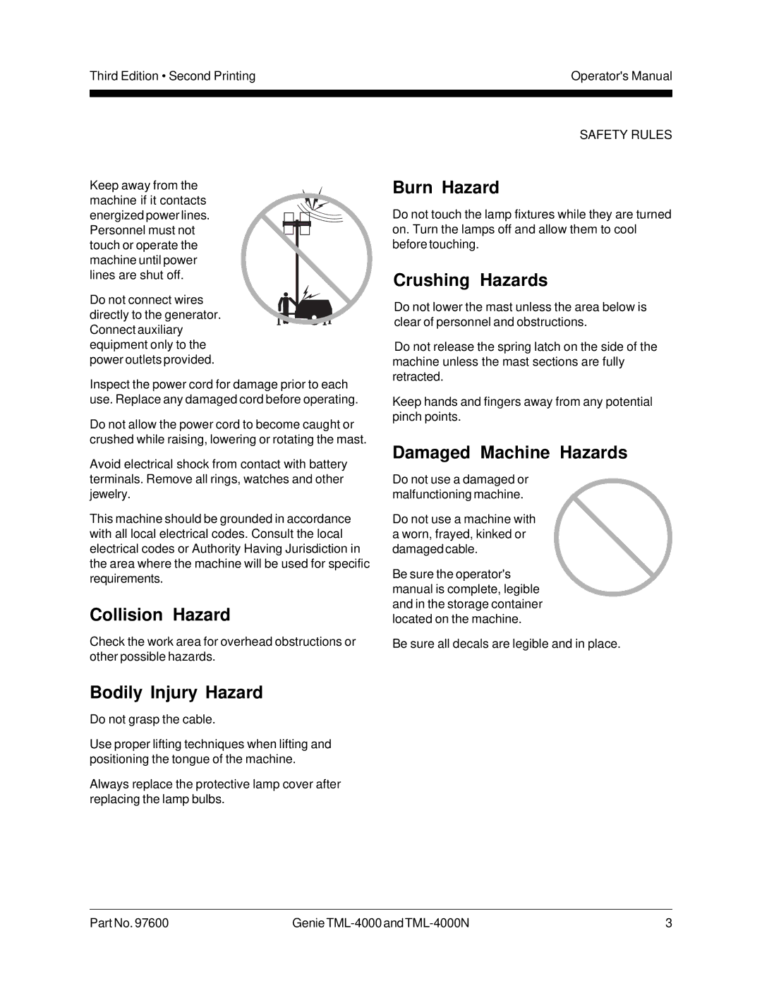 Genie TML-4000N manual Collision Hazard, Bodily Injury Hazard, Burn Hazard, Crushing Hazards, Damaged Machine Hazards 