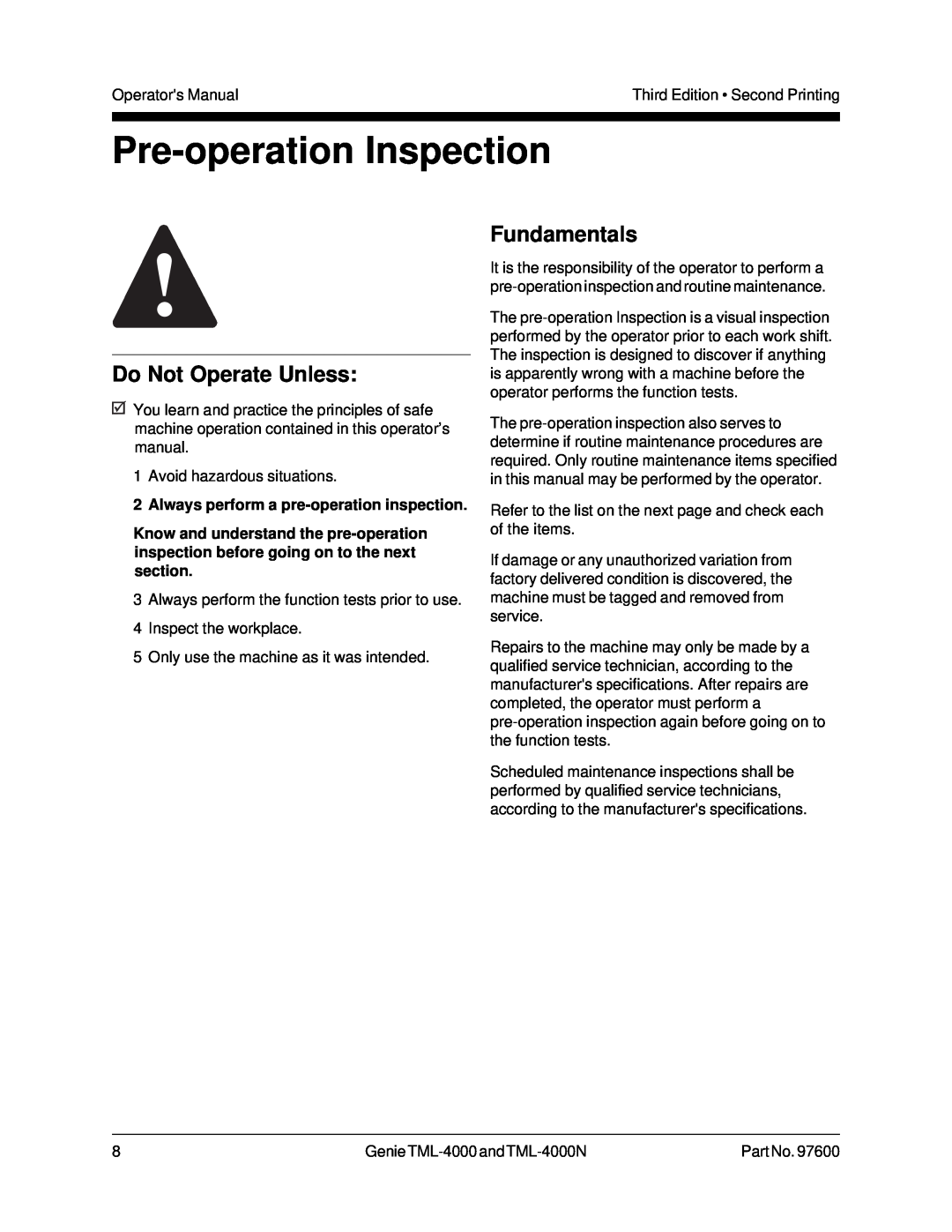 Genie TML-4000 Pre-operation Inspection, Fundamentals, Always perform a pre-operation inspection, Do Not Operate Unless 
