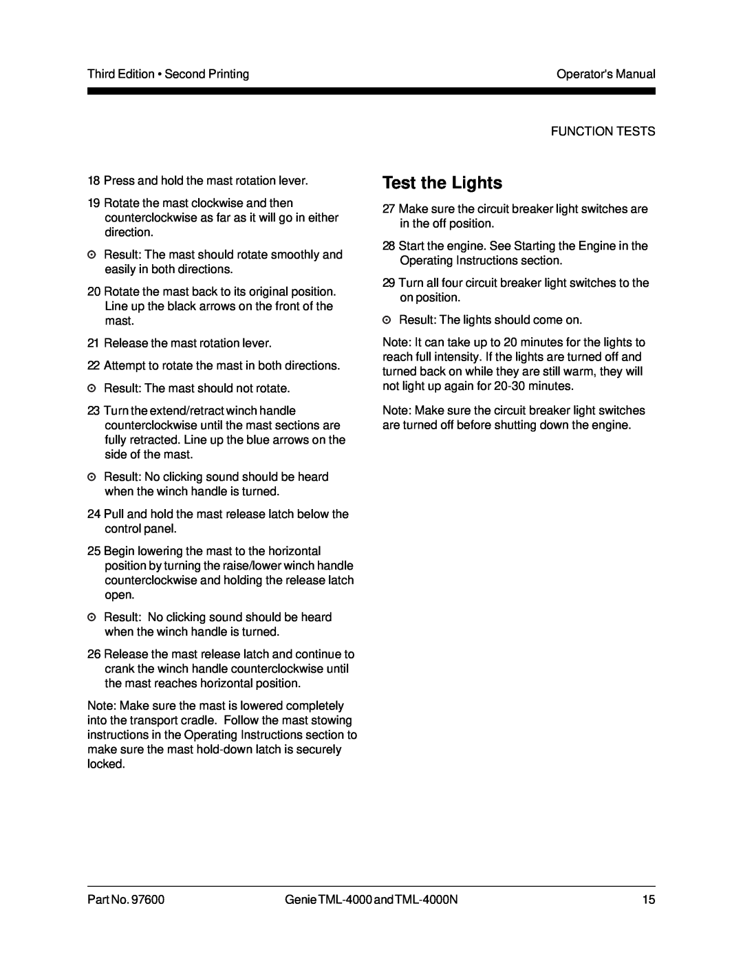 Genie TML-4000N manual Test the Lights 