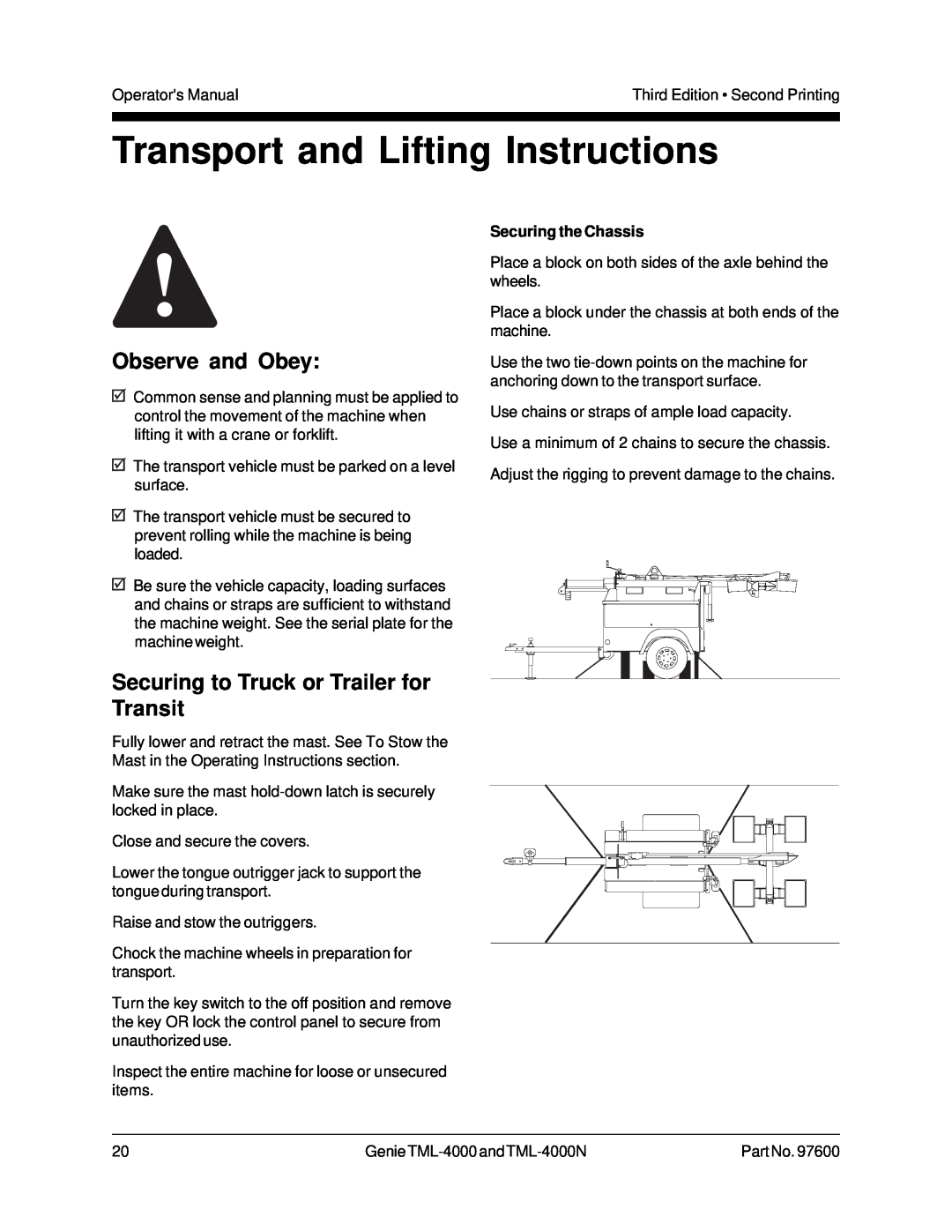 Genie TML-4000 manual Transport and Lifting Instructions, Securing to Truck or Trailer for Transit, Securing the Chassis 