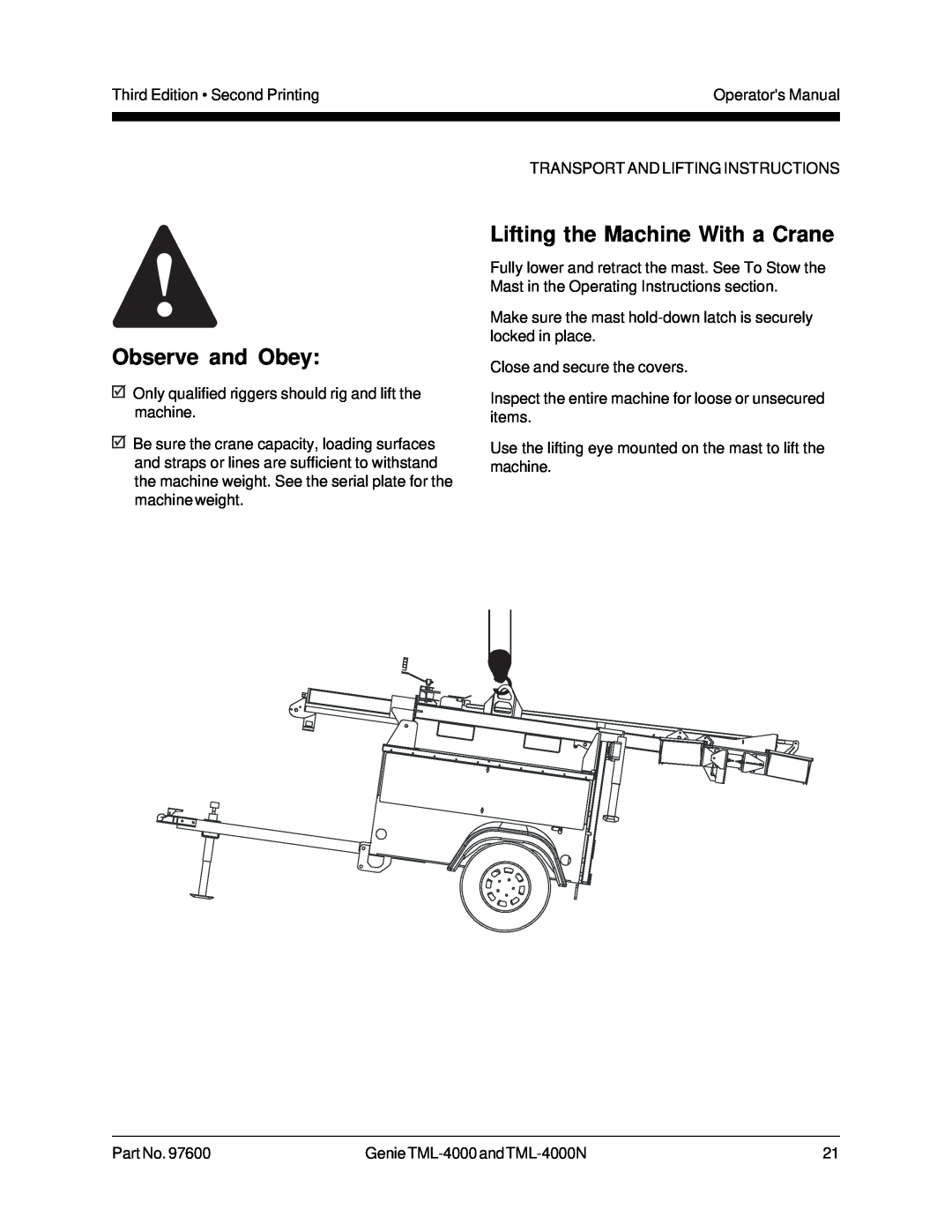 Genie TML-4000N manual Lifting the Machine With a Crane, Observe and Obey 