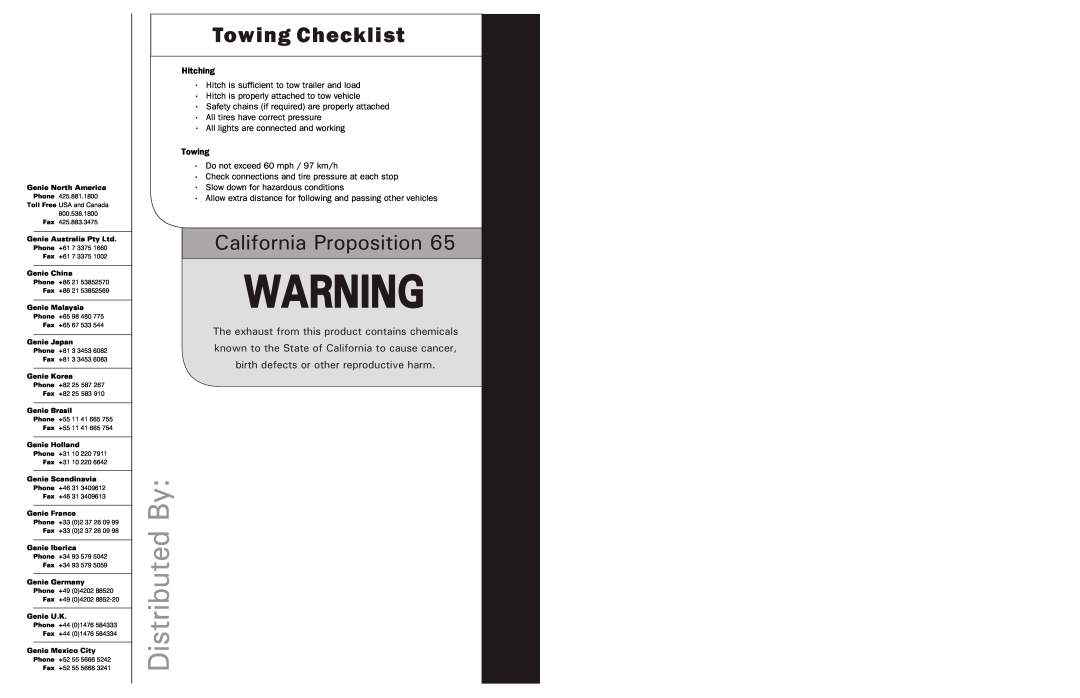Genie TML-4000N manual Distributed By, Towing Checklist, California Proposition, Hitching 