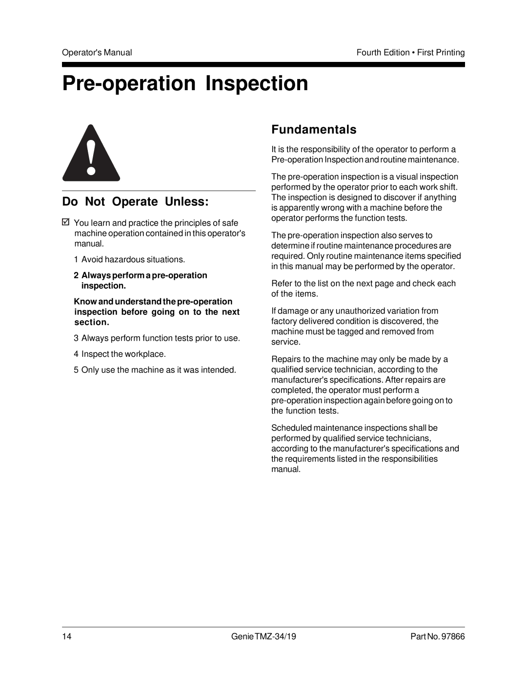 Genie TMZ-34, TMZ-19 manual Pre-operation Inspection, Fundamentals 