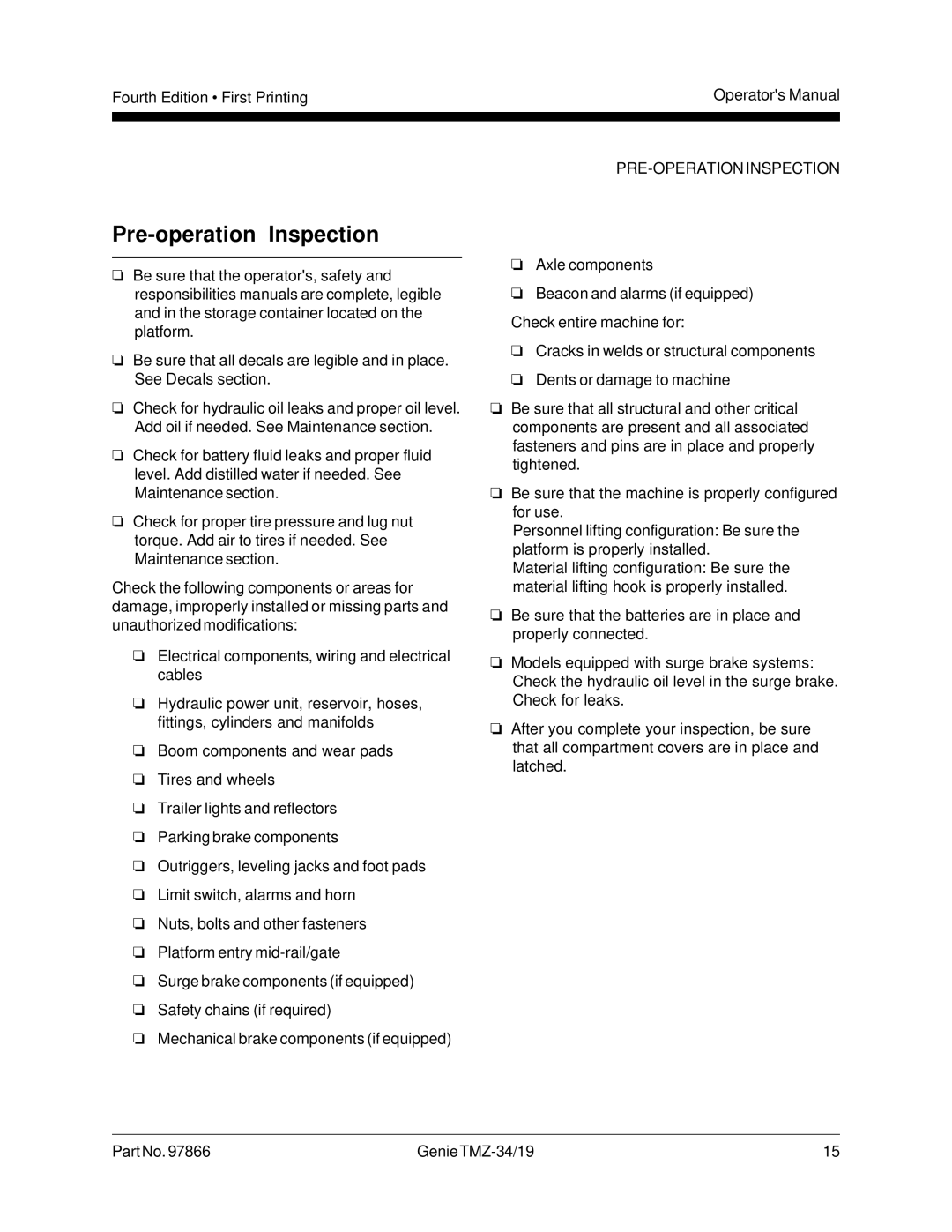 Genie TMZ-34, TMZ-19 manual Pre-operation Inspection, PRE-OPERATION Inspection 