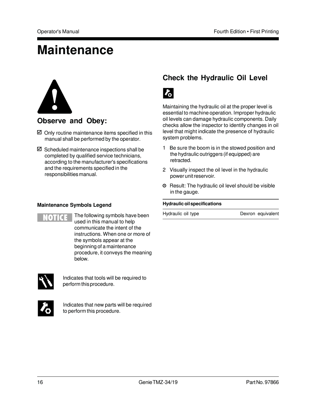 Genie TMZ-34, TMZ-19 manual Observe and Obey, Check the Hydraulic Oil Level, Maintenance Symbols Legend 