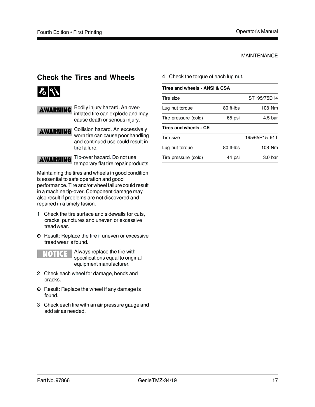 Genie TMZ-34, TMZ-19 manual Check the Tires and Wheels, Maintenance 