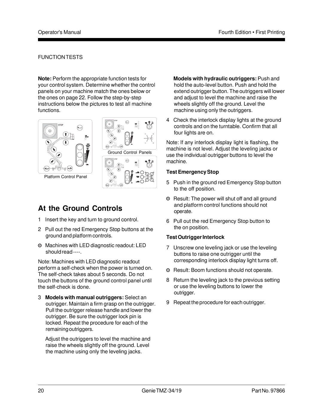 Genie TMZ-34, TMZ-19 manual At the Ground Controls, Test Emergency Stop, Test Outrigger Interlock 