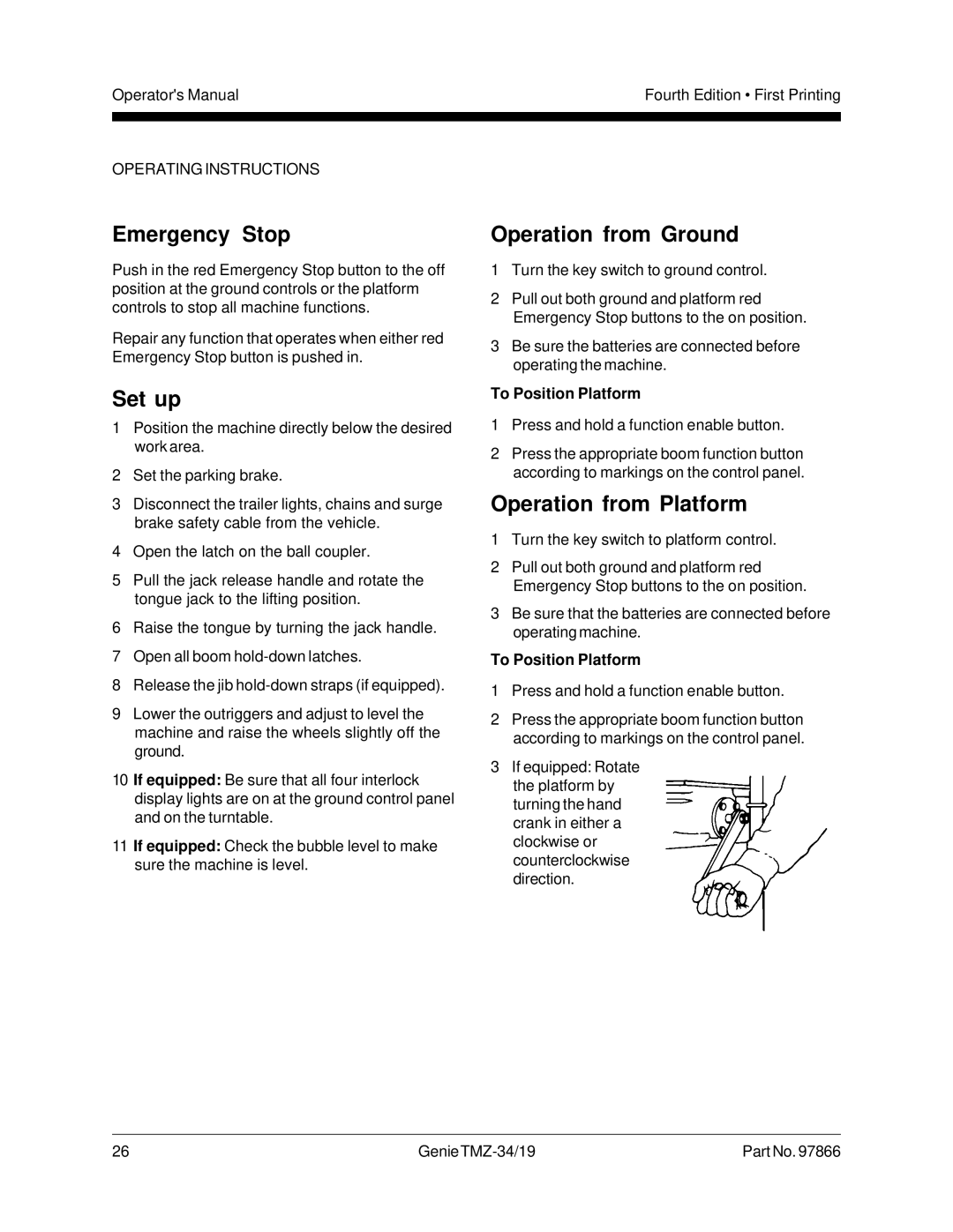 Genie TMZ-34, TMZ-19 manual Emergency Stop, Operation from Ground, Operation from Platform, To Position Platform 