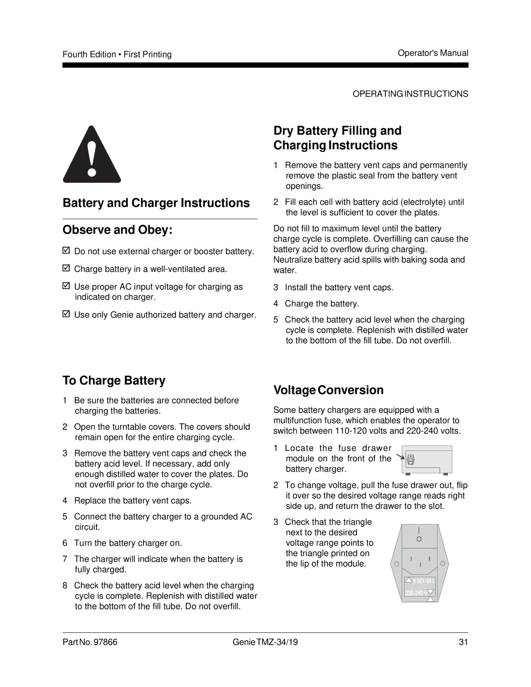 Genie TMZ-34, TMZ-19 manual Battery and Charger Instructions Observe and Obey, Dry Battery Filling Charging Instructions 