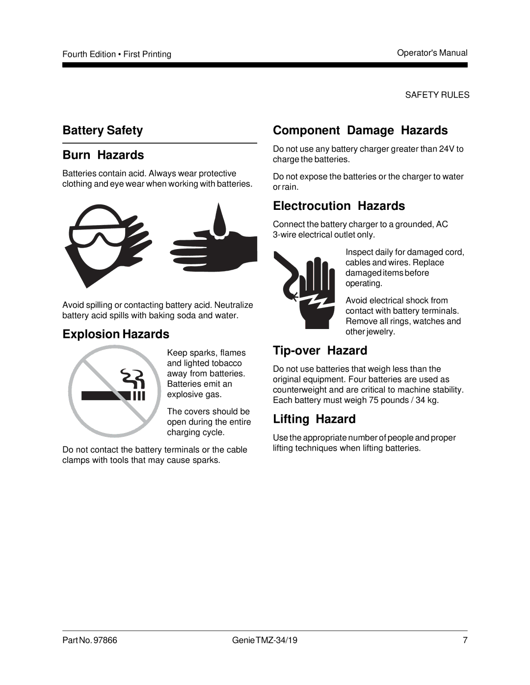 Genie TMZ-34, TMZ-19 manual Battery Safety Burn Hazards, Explosion Hazards, Tip-over Hazard, Lifting Hazard 