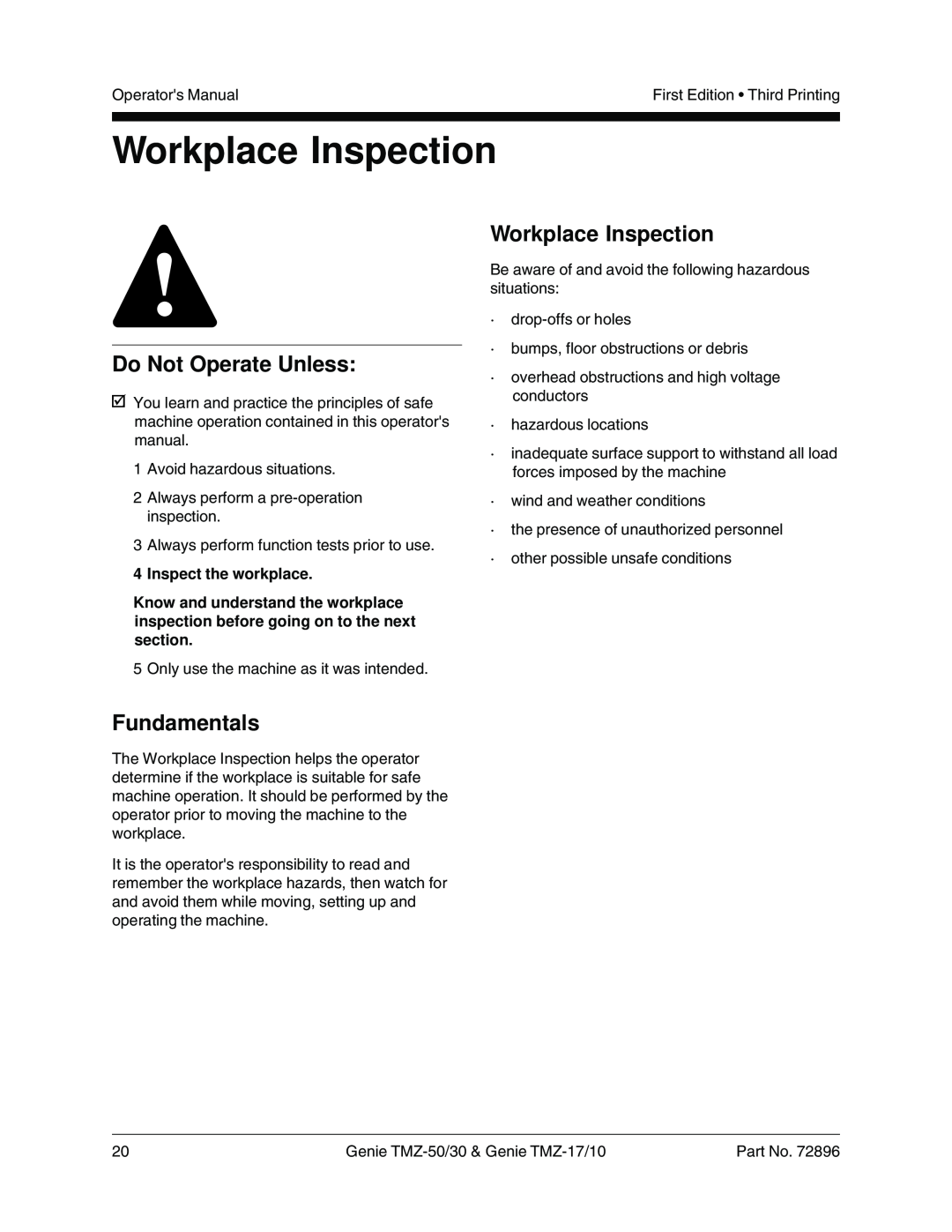 Genie TMZ-50, TMZ-30, TMZ-17, TMZ-10 manual Workplace Inspection, Inspect the workplace, Do Not Operate Unless, Fundamentals 