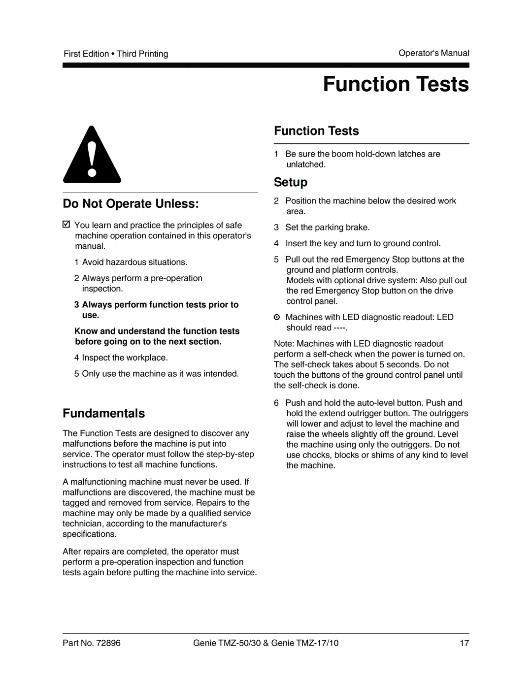 Genie TMZ-17, TMZ-10, TMZ-50, TMZ-30 manual Function Tests, Setup 