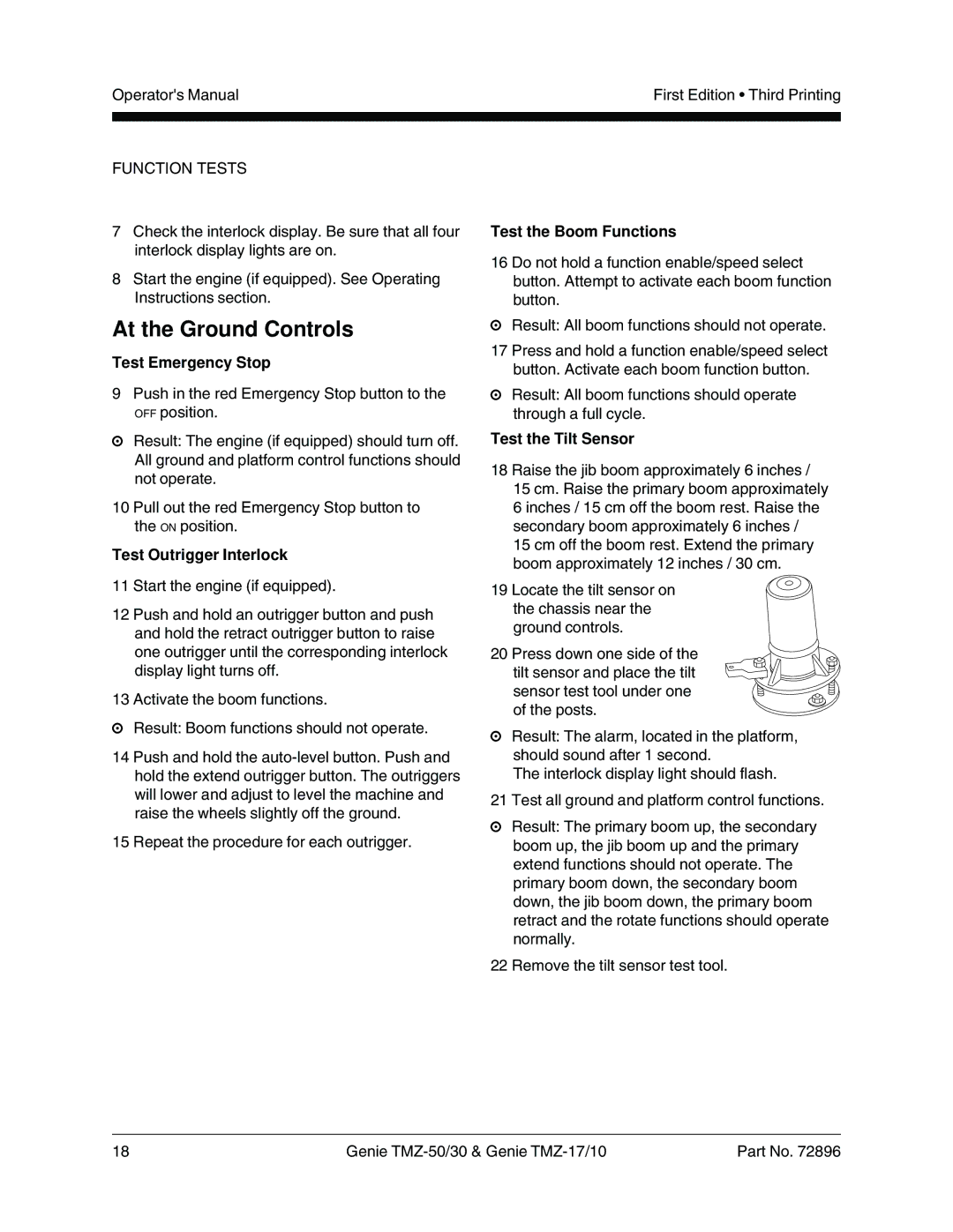 Genie TMZ-50, TMZ-30 manual At the Ground Controls, Test Emergency Stop, Test Outrigger Interlock, Test the Boom Functions 